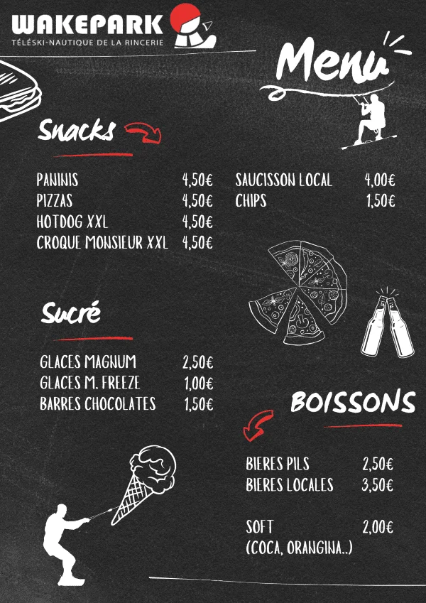 Carte du snack du wake park de la rincerie.