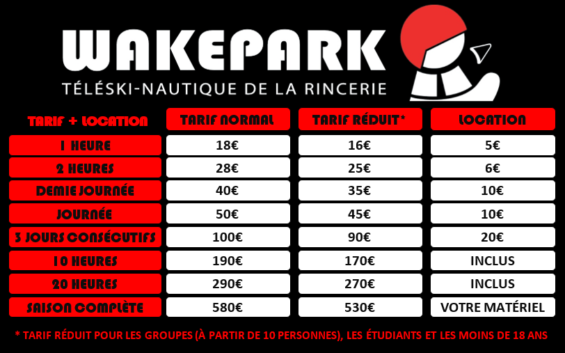 Grille tarifaire du Wakepark de la Rincerie pour les sessions de wakeboard, incluant les prix à l’heure, à la journée et les forfaits saison, avec options de location.